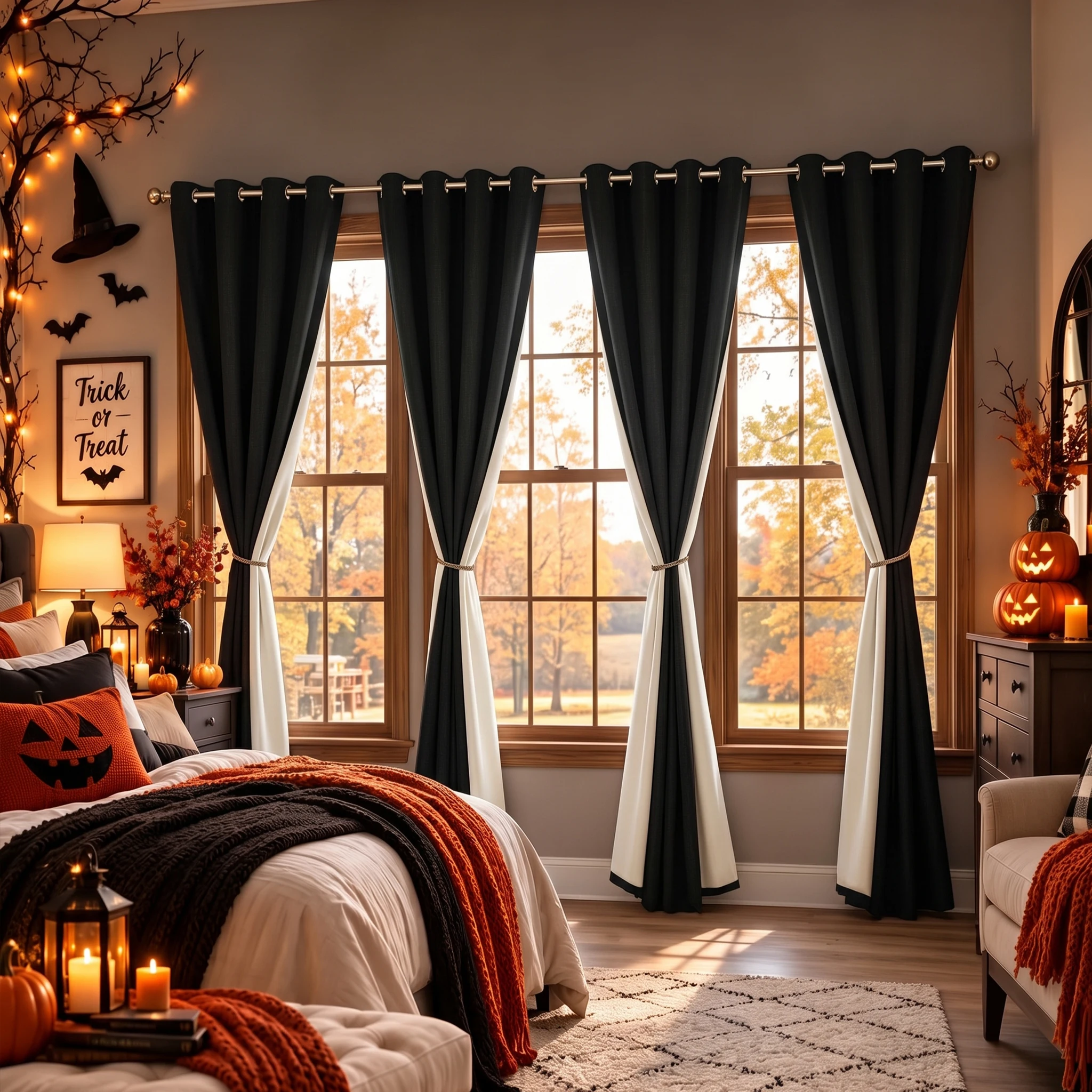 4 Pcs Halloween Blackout Curtains for Bedroom Living Room, 100% Light Blocking Thermal Insulated Linen Texture Drapes with White Coating