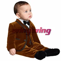 Velvet Boys Suit Three Piece Jacket Vest Pants Collar Wedding Tuxedo Kids Clothes Fashion Party Formal Dresses