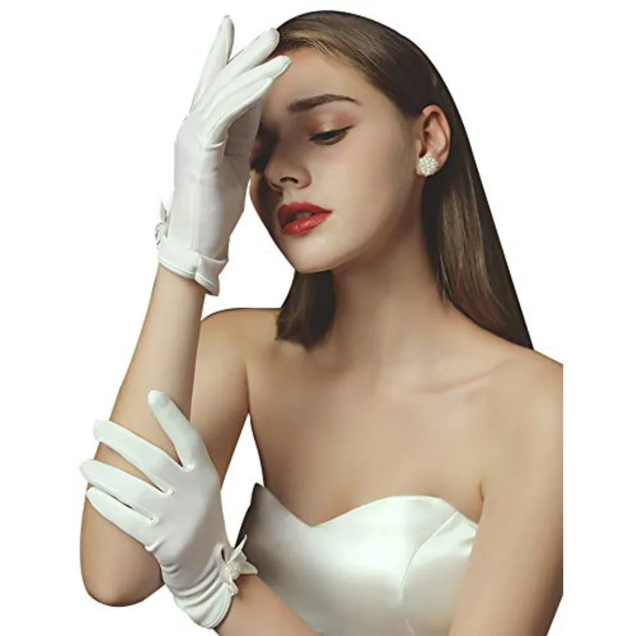 QRBTSCL Women's Short Satin Gloves Wrist Length Dress Gloves for Wedding Opera Party 1920s Stretchy Glove