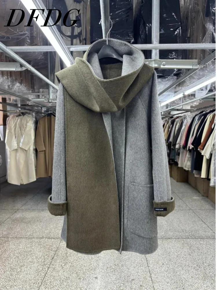 

DFDG 2025 Women's Solid Color Design Luxury Double-sided Wool High-quality Short Coat Coat Scarf Bib Design Warm Slim Jacket