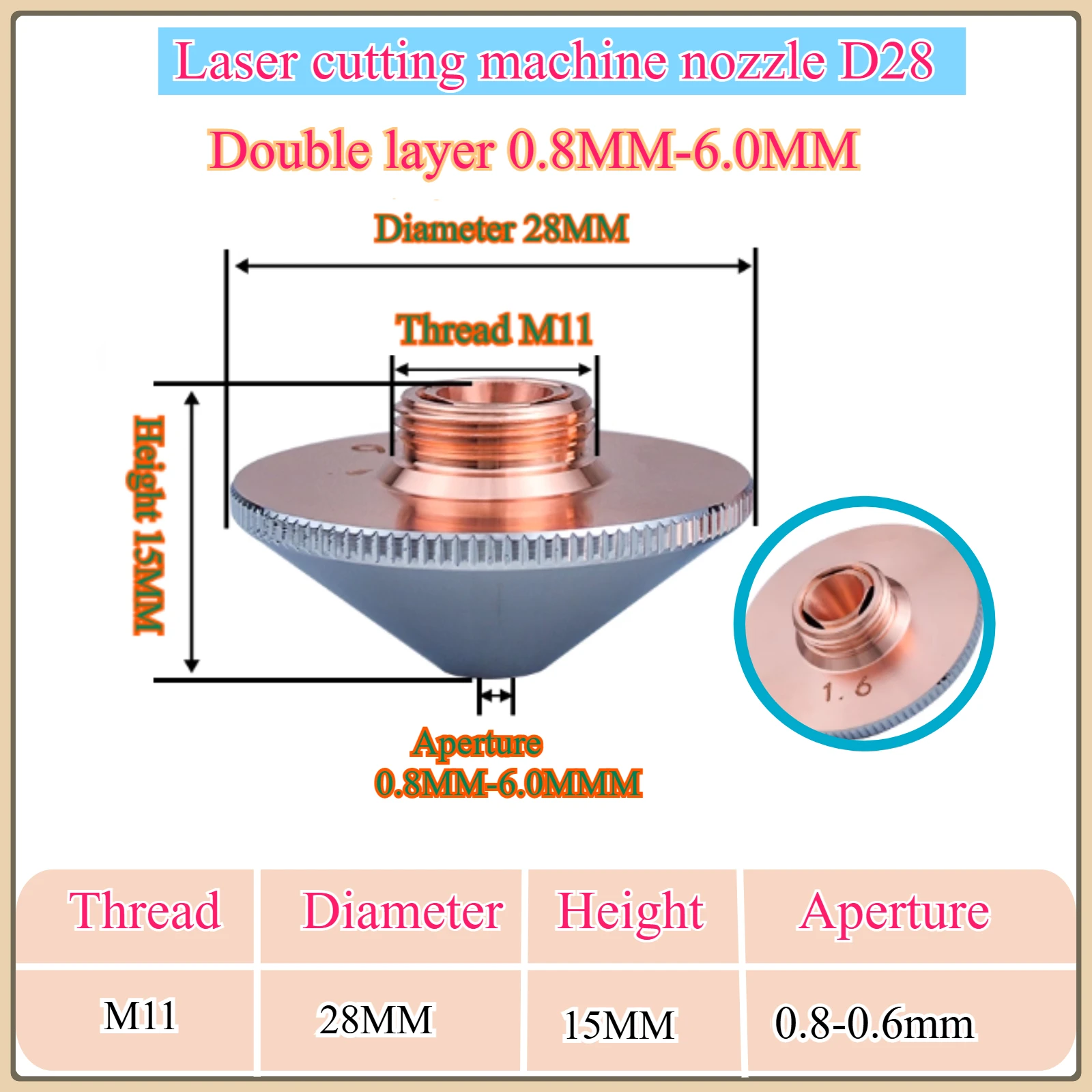 Laser cutting machine accessories nozzle D28 single and double layer 2.0 copper nozzle-nozzle cutting and welding nozzles