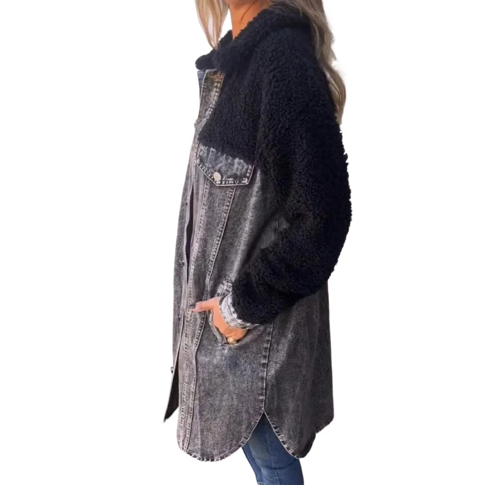 Women Autumn Denim Stitching Faux Fur Coats Ladies Long Sleeve Single Breated Jeans Outerwear Jackets