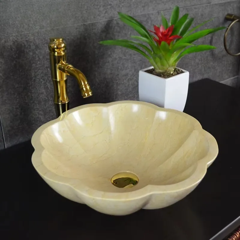 

Stone Sinks Art Design Flower Edge Beige Marble Bathroom Vanity Sink Lotus Flower Sink Basin