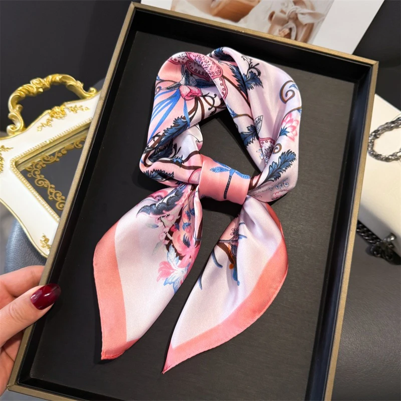 

68cm Pink Flower-smoked Printed Scarf for Women's Spring and Autumn Thin Imitation Silk Scarf for High-end Shawl Headscarf