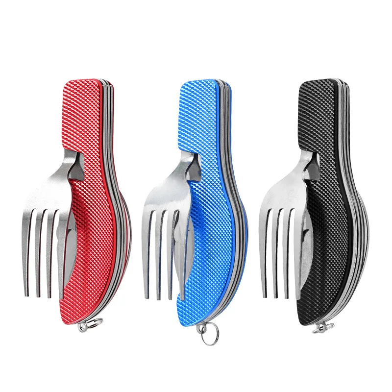 Tablespoon Set 4 In 1 Foldable Spoon Knife Fork Bottle Opener Stainless Steel Folding Pocket Kits Outdoor Tableware Set