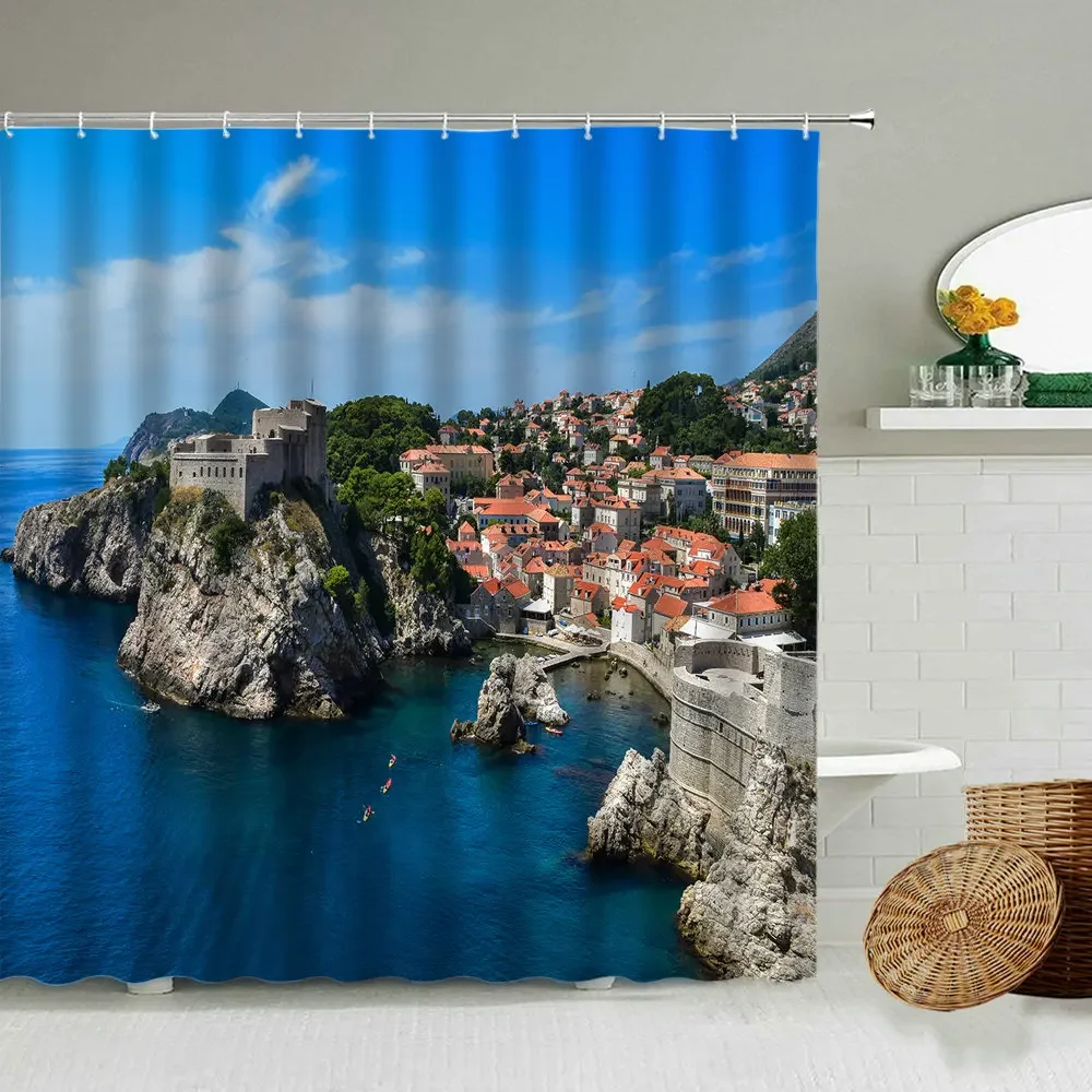 European Seaside Village Scenery Shower Curtain Nature Landscape Bathroom Accessories Decoration Bathtub Screen with Hooks