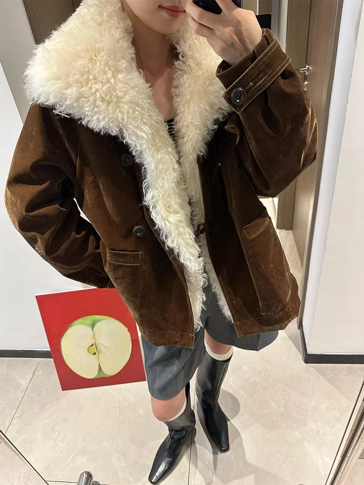 

2025 Fashion Women Autumn Winter Goose Down Jacket Natural Lamb Sheep Fur Coat Cusual Female Coats Outwear