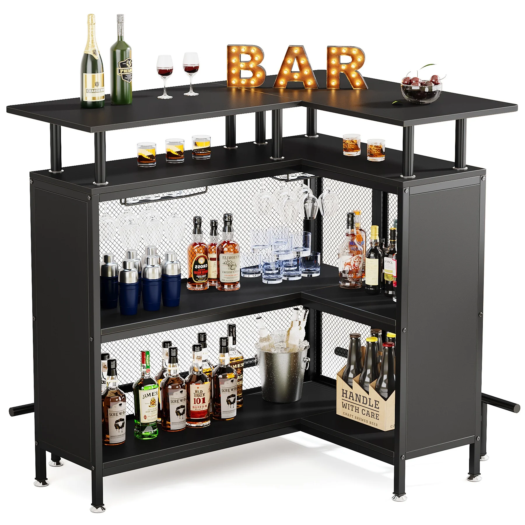 

Mini Home Portable Black Liquor Cabinet Coffee Bar Unit Table with Storage and Footrest for Home Kitchen Bar Pub