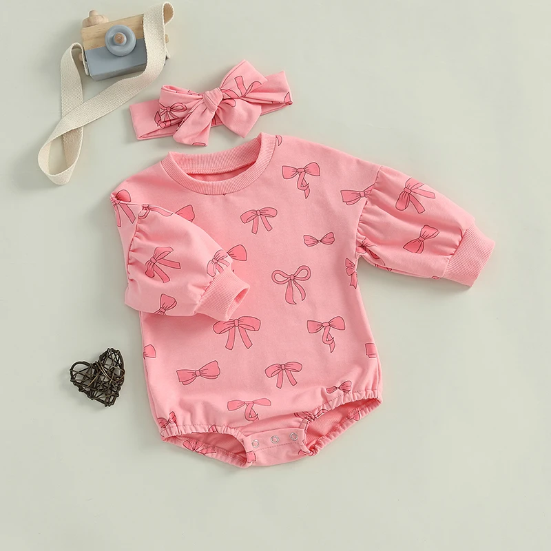 Baby Girl Fall Outfit Bow Print Crew Neck Long Sleeve Sweatshirt Romper Tie-up Headband 2 Pieces Set