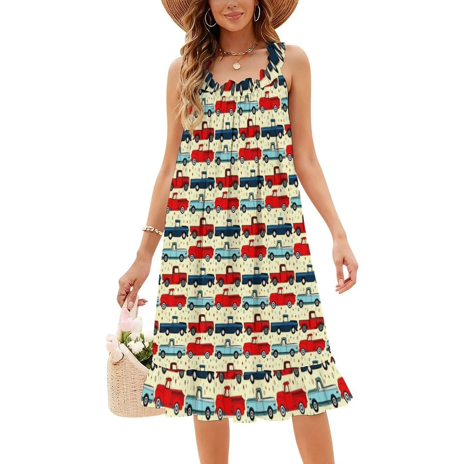 الشتاء خمر الشاحنات البوهيمي بلا أكمام فستان متعدد المطبوعات شاطئ عطلة فستان الحفلات سيارات لطيف الطراز القديم مرسومة باليد