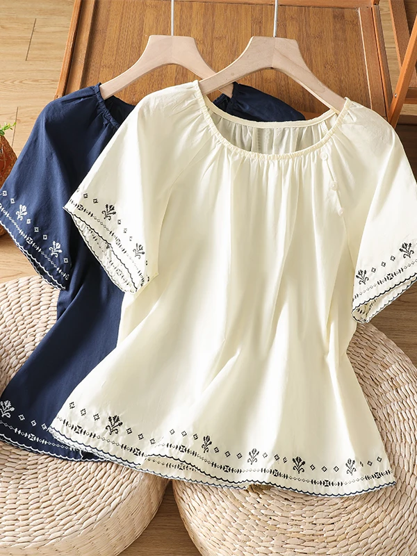 

Fashionable Embroidered Short Sleeve Shirt Women's Heavy Work Summer Casual Loose Fit Breathable Comfortable Alluring Top