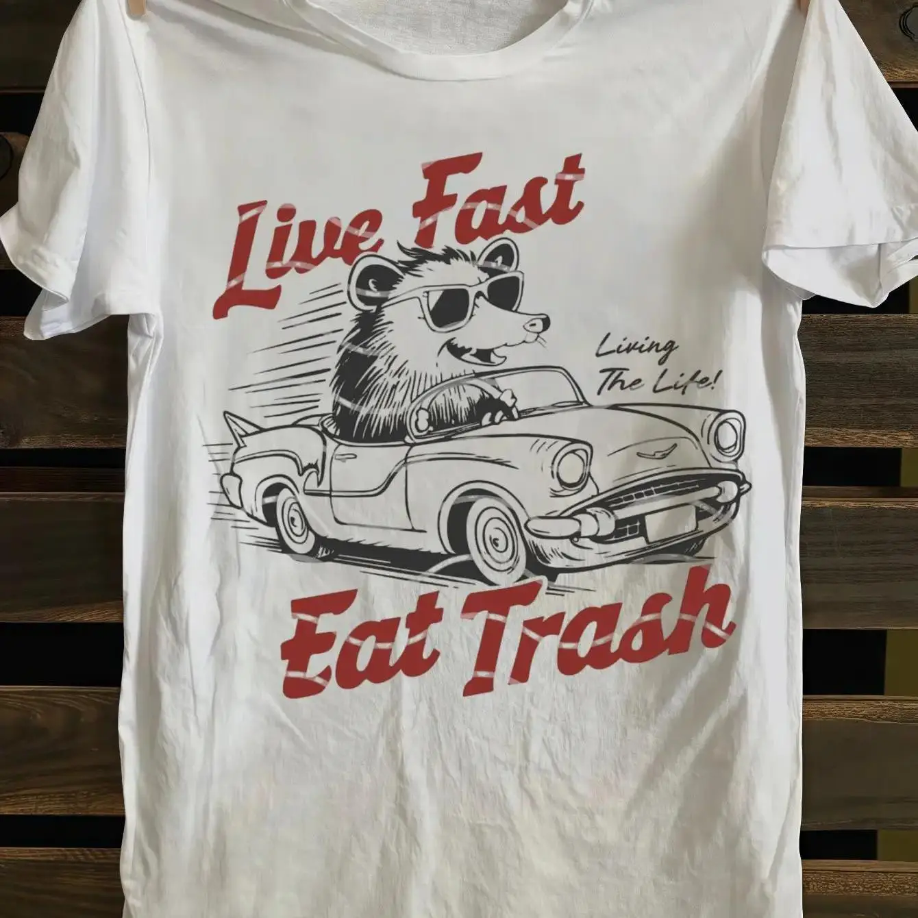 

Men's T-Shirt - "Happy Life Casual Life" Raccoon and Vintage Car Design - 100% Cotton Casual Short Sleeve Shirt