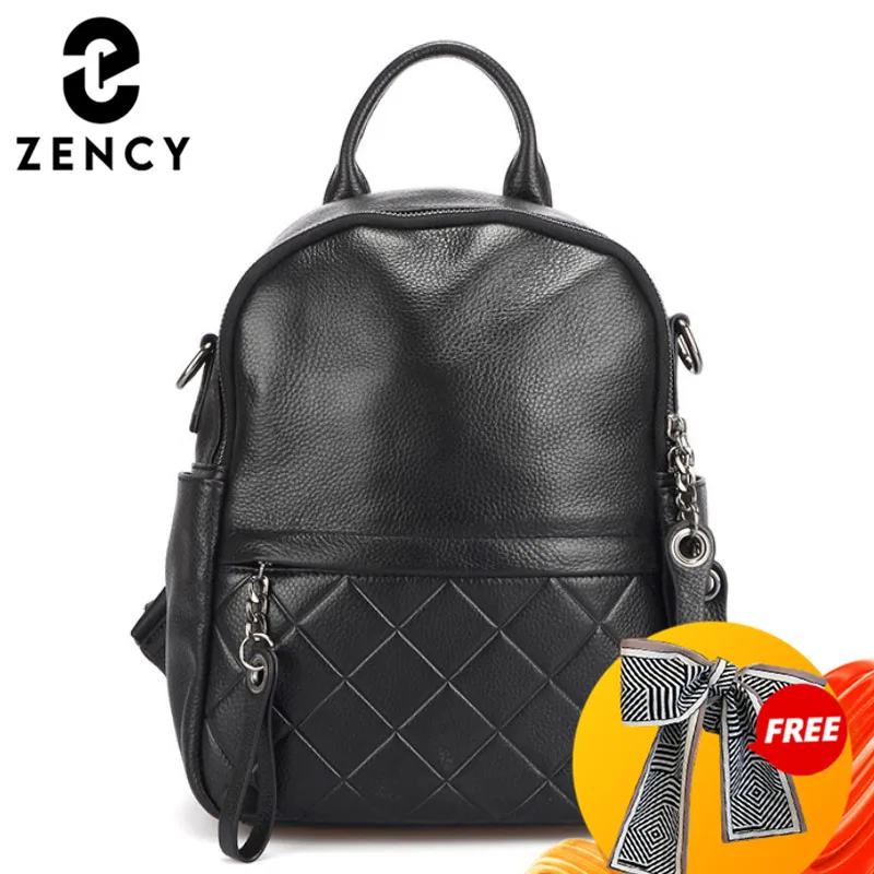 Zency 100% Genuine Leather Fashion Women Backpack Pure Black Knapsack Casual Travel Bags Girls Schoolbag Wide Strap Shoulder Bag