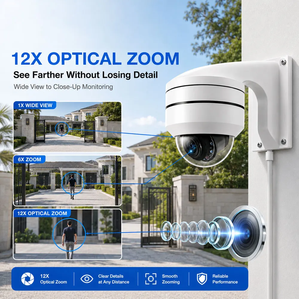 8MP 4K POE PTZ 12X Zoom Security Metal Dome IPC Camera Motion Detection Audio Record Outdoor CCTV Surveillance For Yard Garage