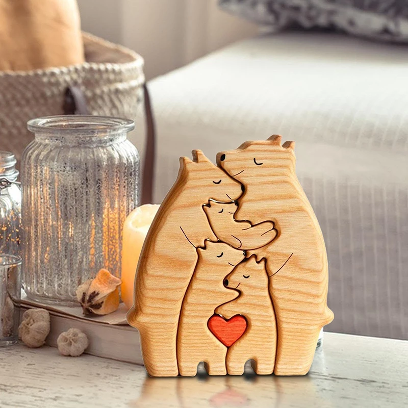 Creative Bear Family Figurine Wooden Art Puzzle Gift For Family Heart Statues Decoration Mother's Day Birthday Gifts For Mom