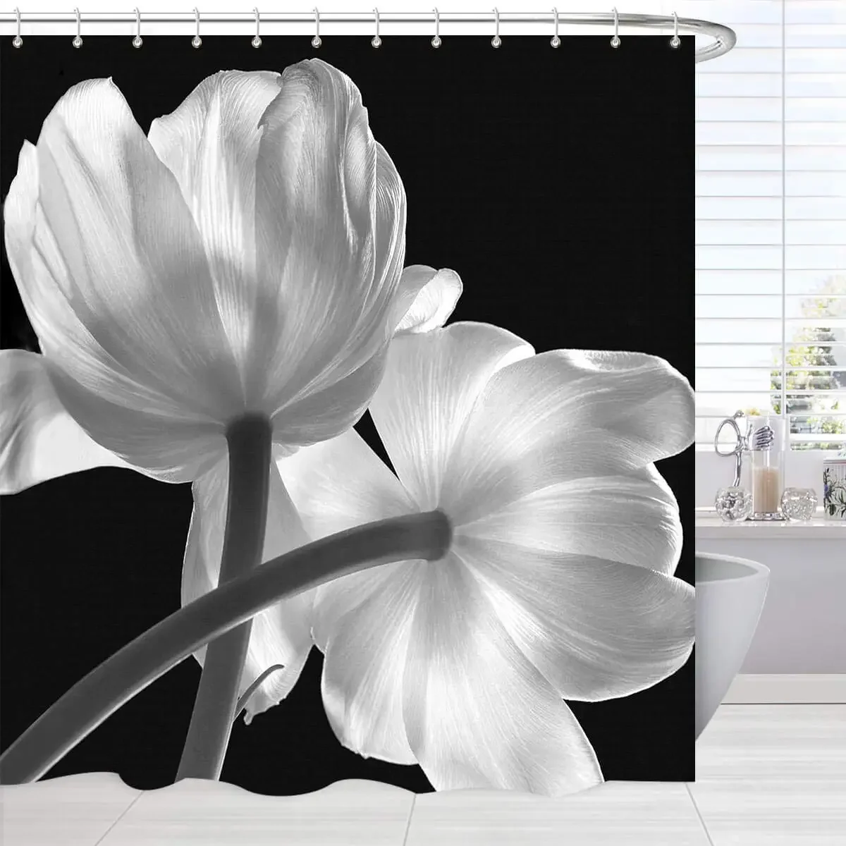 Black Flower Bathroom Shower Curtain,Modern Decor Cloth Rose Shower Curtain Black＆White,Unique Floral Art Design Bath Curtains