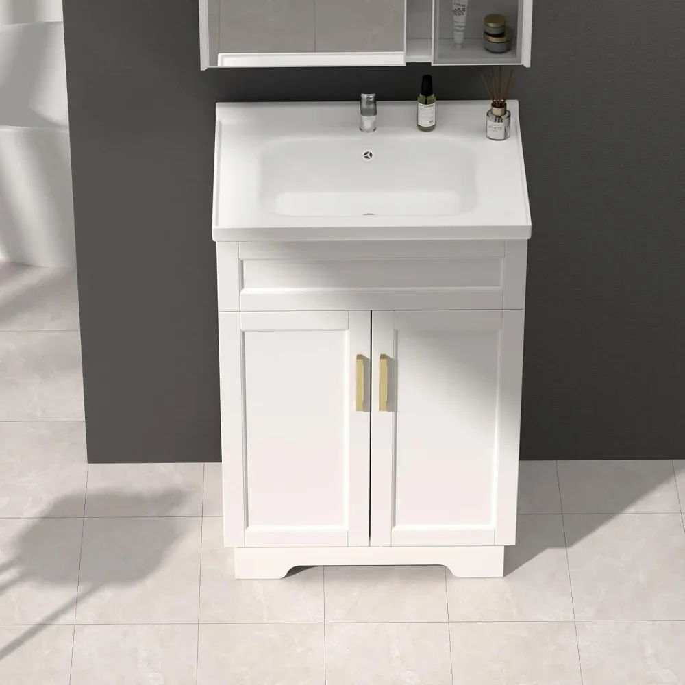 [XMSJ-مخزون محدود، اشتر الآن! ]خزانة حمام مع حوض سيراميك، خزانة حمام مع بابين، خزانة خشبية مقاس 24 بوصة