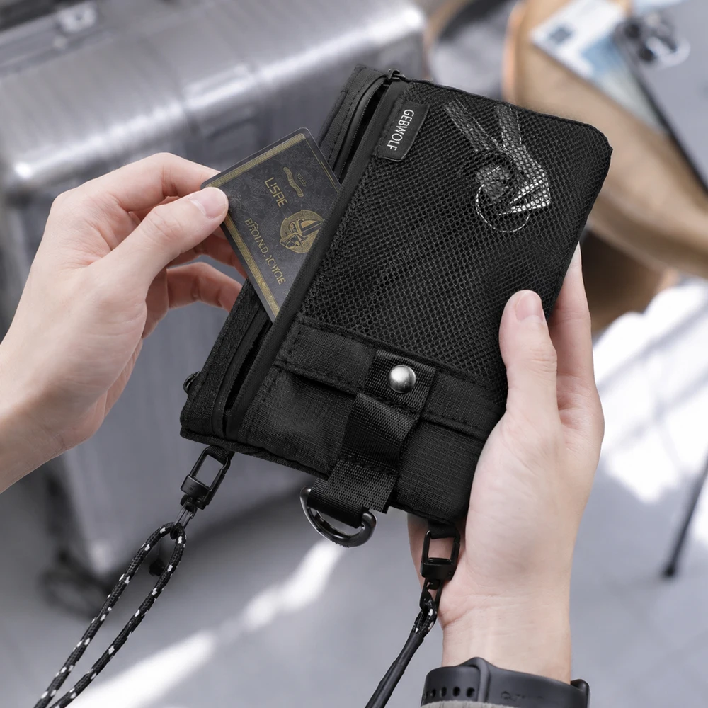 RFID-blockierende Reisebrieftasche mit Pass- und Handyfach, abnehmbarem Trageband und Schlüsselring, leichte Reisebrieftasche. – Detail 7