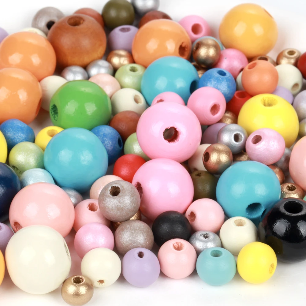 10-200Pcs 6-20mm Natural Wood Beads Golden Silvery Multicolour Round Spacer Loose For Jewelry Making Bracelet DIY Accessories