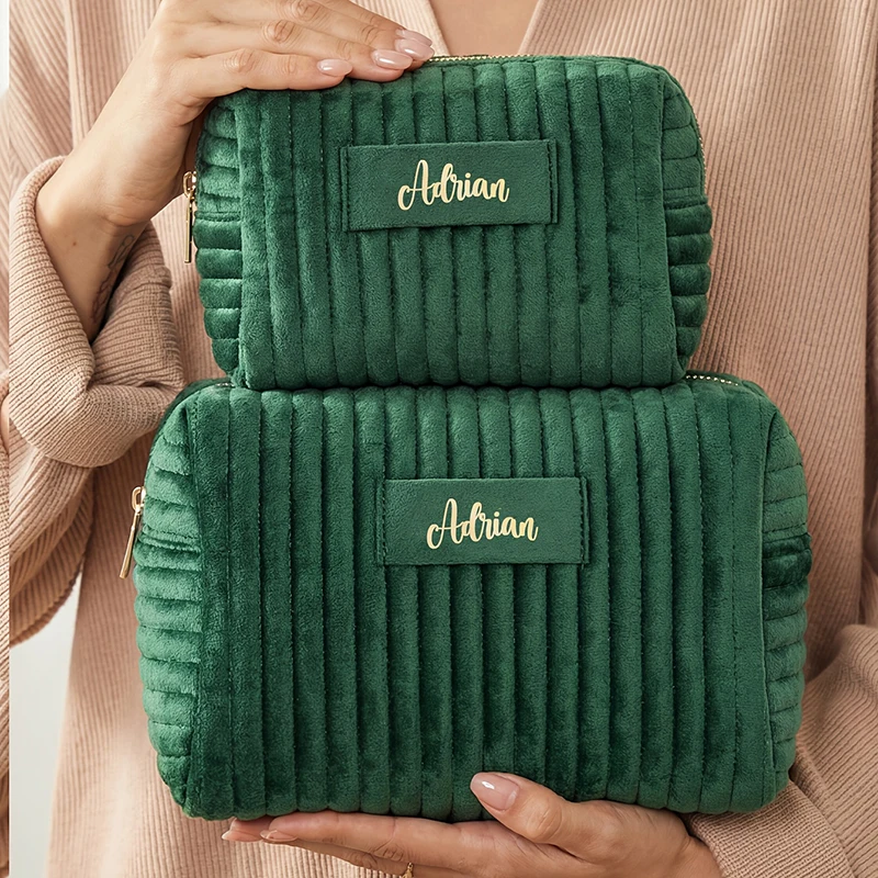2PCS Personalized Embroidery Name Velvet Makeup Bag Toiletry Bags with Travel Set Name Soft Velvet Cosmetic Pouch with Zipper ﻿