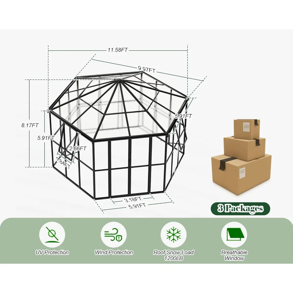 Теплица 12x10x8 футов с быстроразъемными фитингами, 2 вентиляционными отверстиями, 2 распашными дверями, шестиугольная алюминиевая теплица для наружного применения