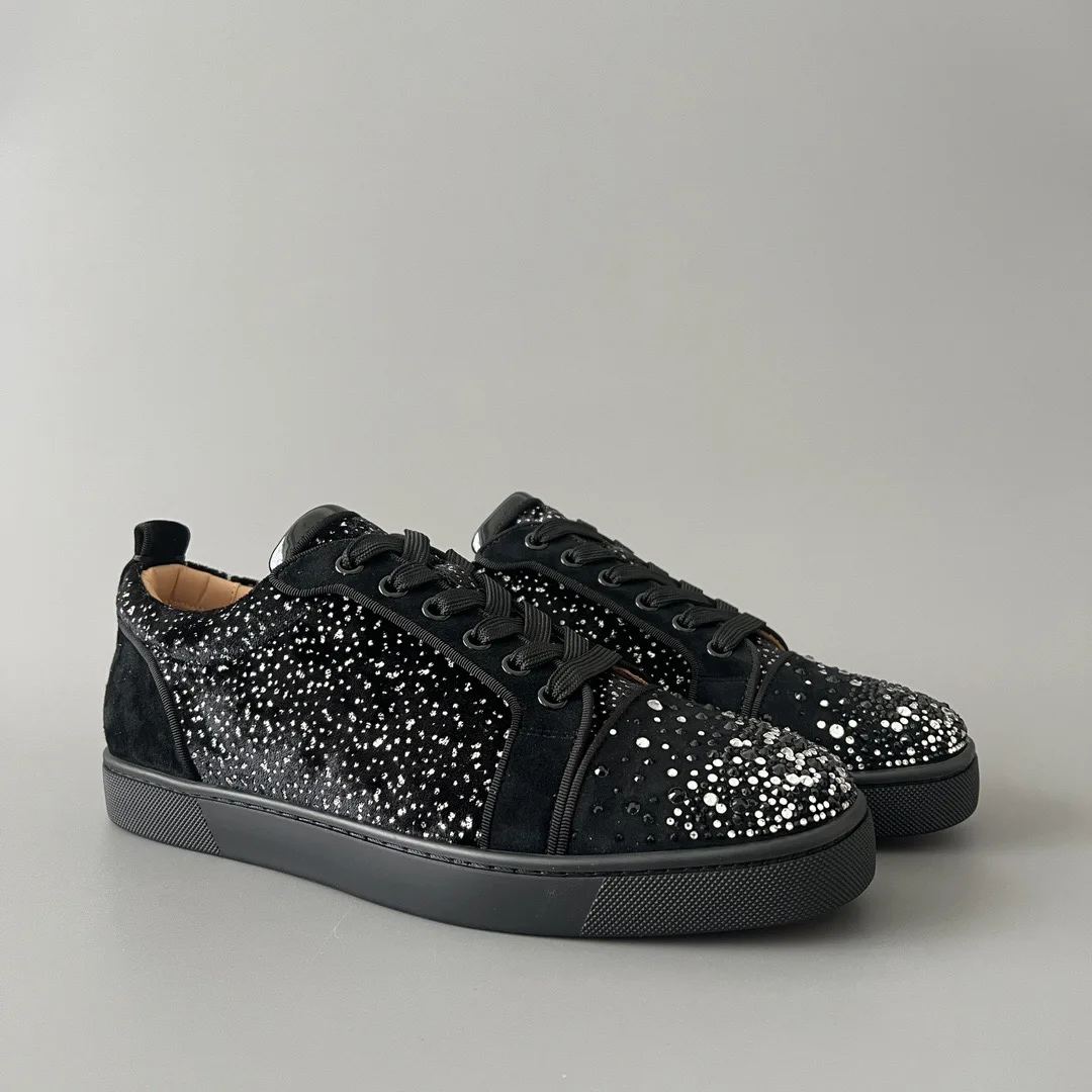 Luxury Brand Men's Black Suede Leather Crystal Toe Lace Up Sneakers Premium Red Bottom Casual Boat Shoes Fashion Party Footwear