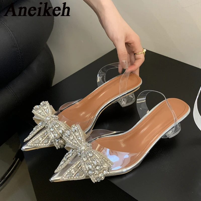 Aneikeh Silvery Transparent Spike Heels Sequin Rhinestone Women Slingbacks Pumps PVC Sexy Pointed Toe High Heels Shoes Ladies