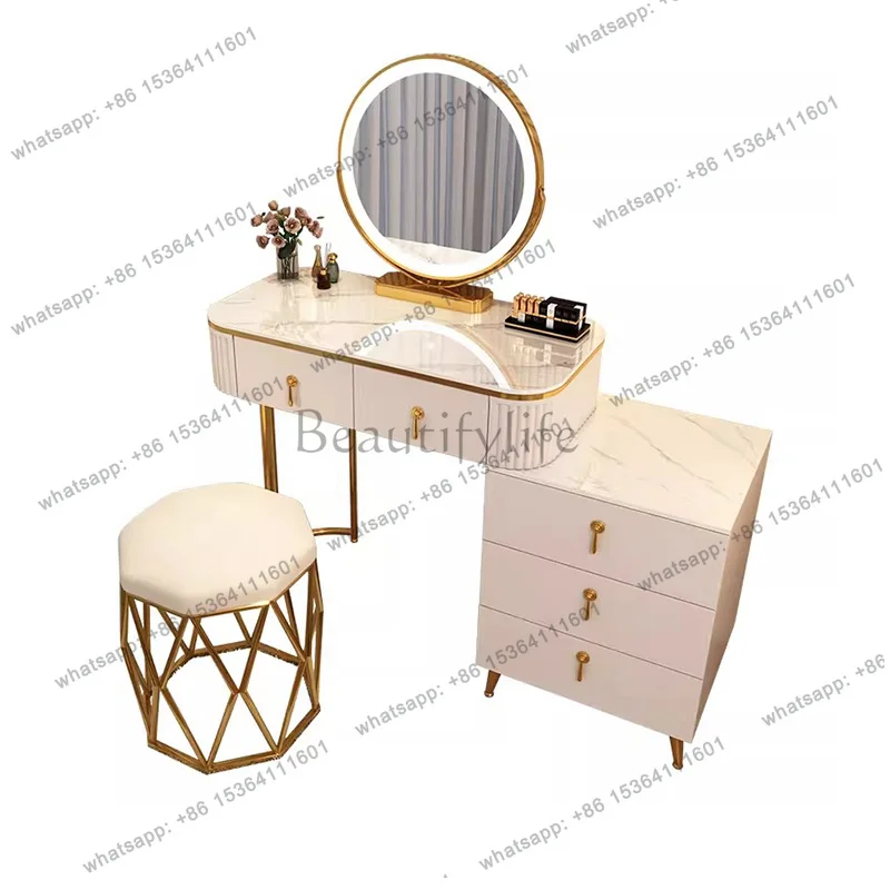 YJ French Beauty Vanity Table Luxury With Light Mirror Trendy Aesthetic Vanity Table With Chair Kawaii Meuble Coiffeuse Furnitur