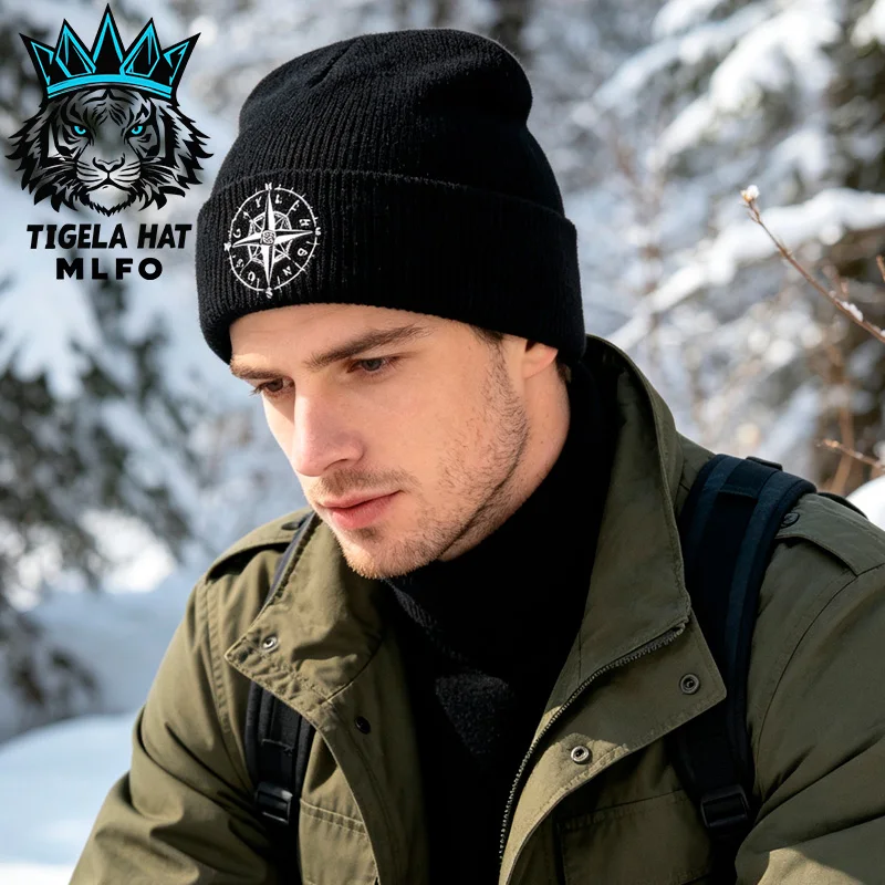 Classic Adult Knit Beanie, Nautical Compass Pattern Print, for Road Trip Tour Travel‑lover Outdoor Holiday Gathering