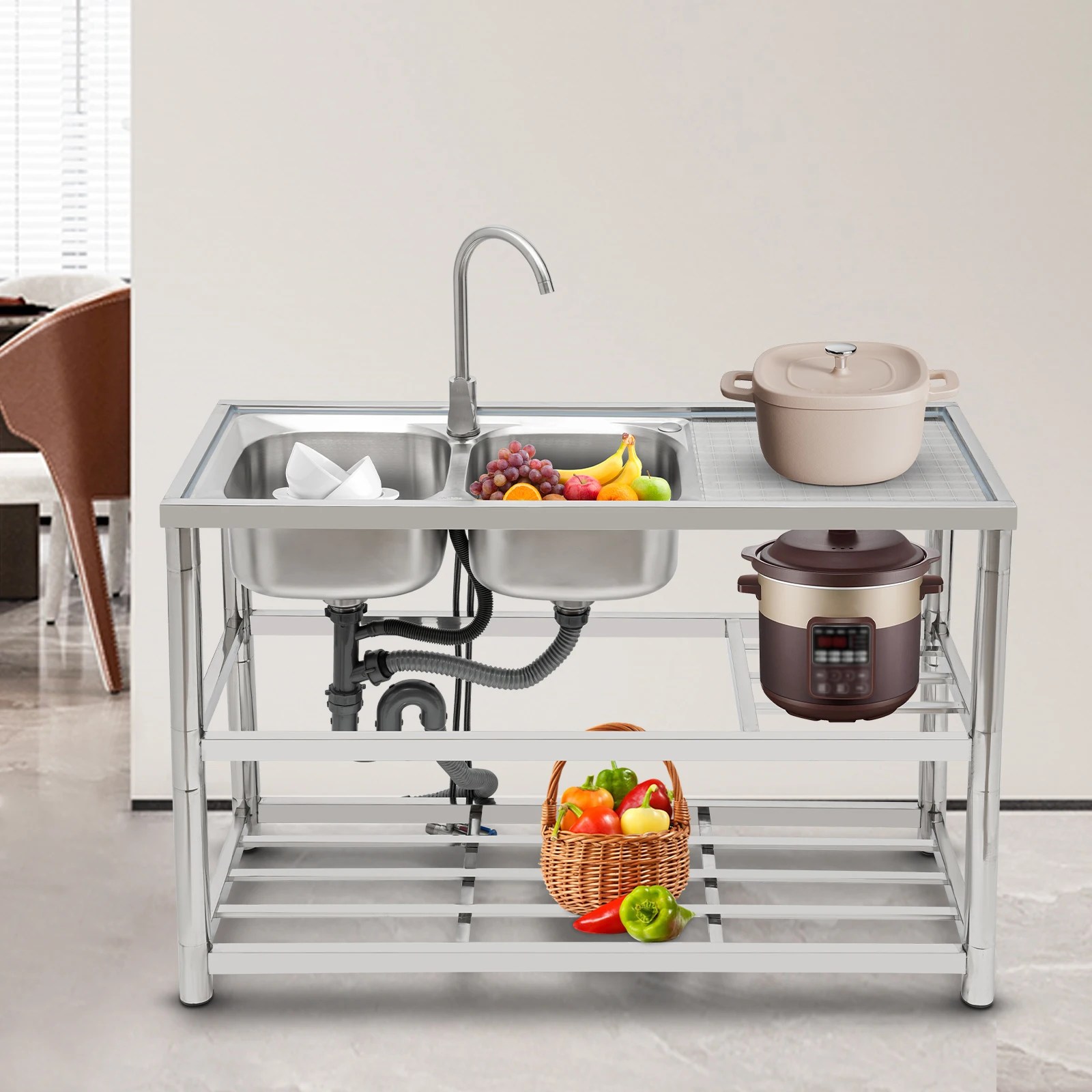 

Кухонная раковина для ресторана, отдельно стоящая 3-х уровневая раковина с двойной чашей и смесителем для горячей и холодной воды, утолщенная универсальная раковина из нержавеющей стали