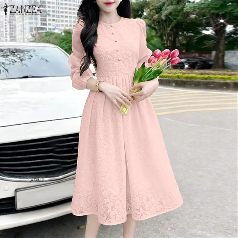 

ZANZEA Модное летнее женское длинное платье, весеннее кружевное платье с лоскутным узором, с круглым вырезом, уличная одежда, платье с длинными рукавами, офисное платье для работы и вечеринок