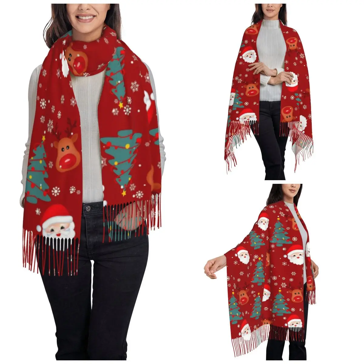 Cute Christmas Santa Claus Shawl Wraps for Ladies Warm Single-sided Pattern Scarf Snowflakes Reindeer Pashminas Tassel Scarves