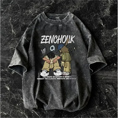 Imagen 2 del producto Camiseta americana de manga corta para hombre, camisa holgada informal de estilo hip-hop retro lavada de manga corta de calle alta a la moda de verano