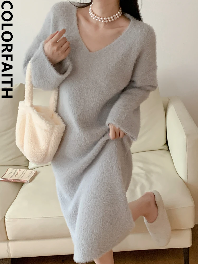 Colorfaith New 2022 Chic Korean Fashion Knitting Fake Mink Cashmere Elegant Women\'s Autumn Winter Vintage Long Dresses DR5081JX