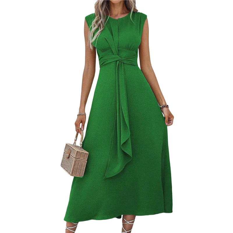 ABRT-レディース サマーカジュアル ノースリーブ Tシャツ ミディ丈ワンピース スリムフィット タイウエスト タンク ロングワンピース 2025 バケーション サンドレス