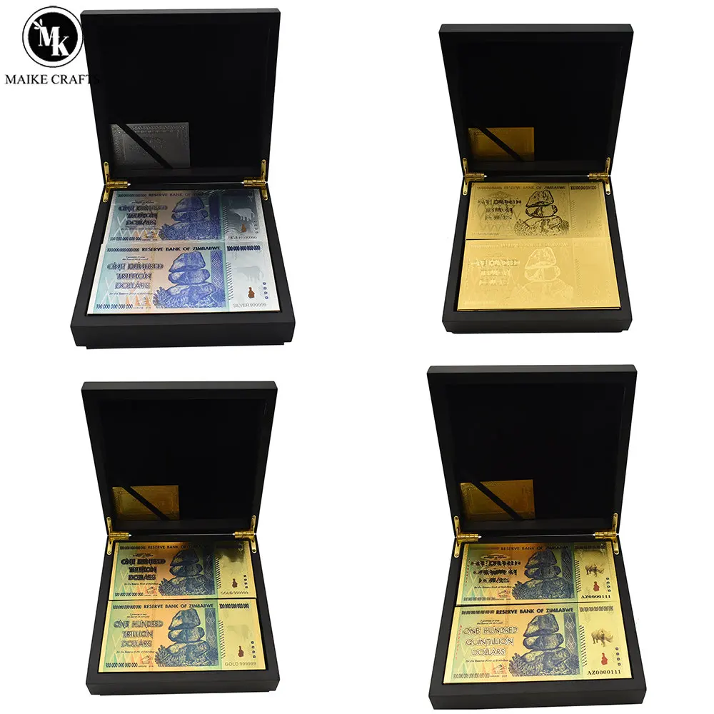 

100pcs/box Zimbabwe One Hundred Trillion Dollars Gold Foil Banknotes Exquisite Wooden Box Set Home Decoration Collection Gifts