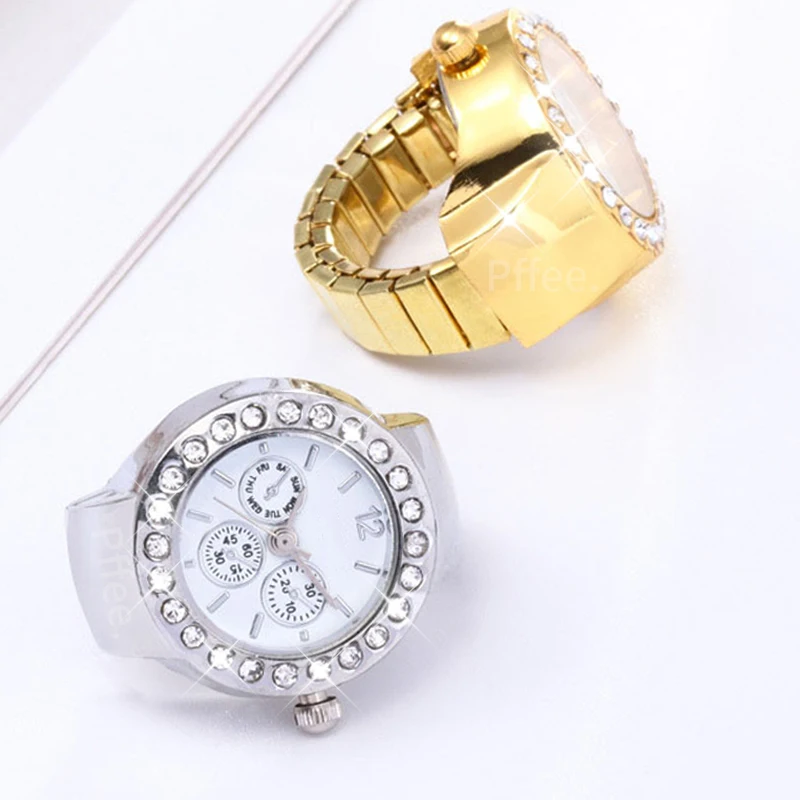 Vintage Punk Finger Watch Mini Elastic Strap Gold Color Couple Rings Jewelry Clock Retro Quartz Watches Ring For Women Men