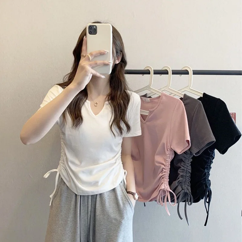 1pcs Summer Women T-shirt Girl Basic TShirt Lady Short Sleeve Sexy Slim Fit Drawstring Tee V-Neck Women's Casual Tee Student Top