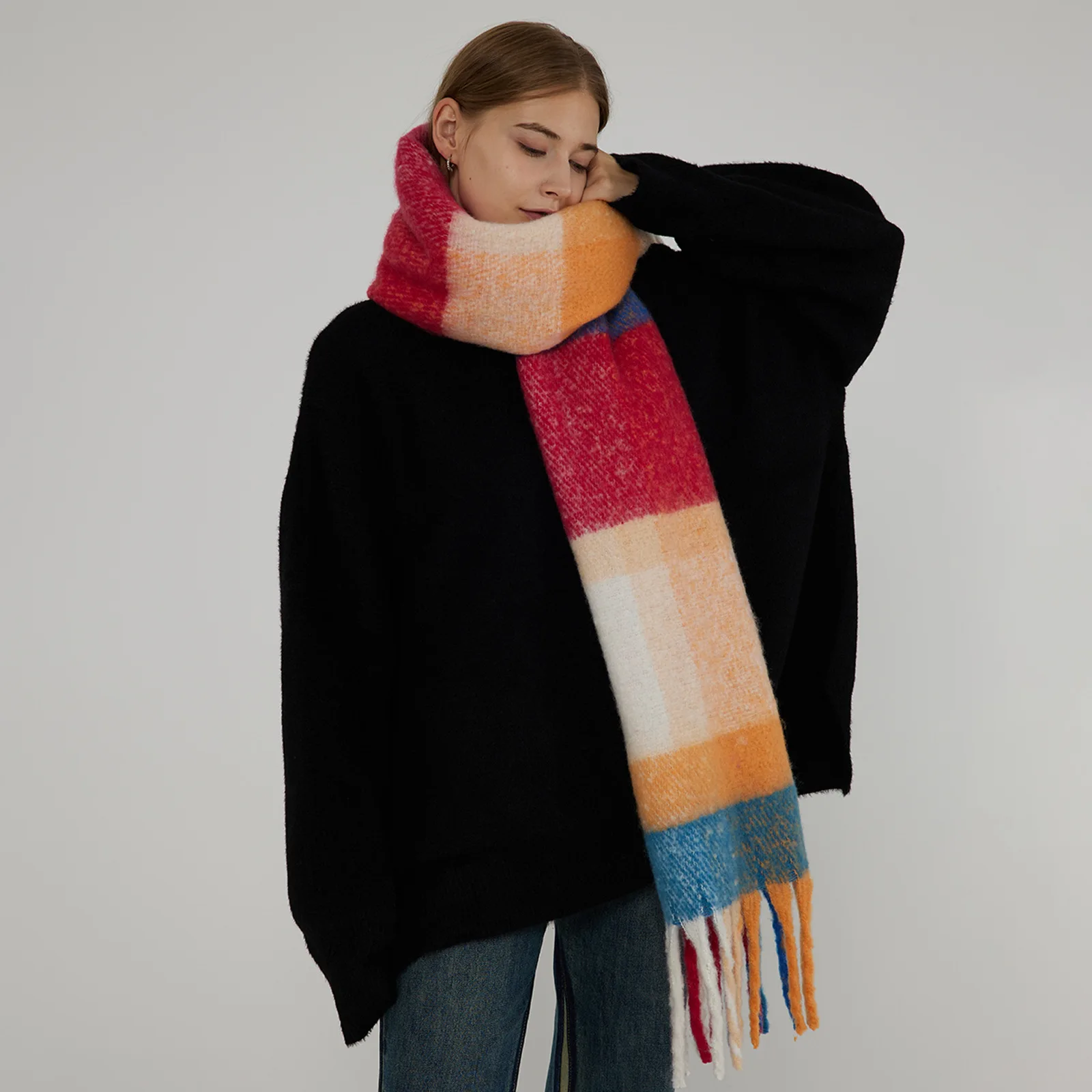 Long Thick Warm Contrast Color Tassel Shawls Women Elegant, Minimalist Scarf Female Autumn And Winter Scarves 231*42cm