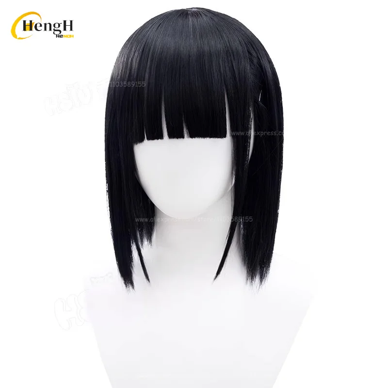 Qiao Ling Rin Jo pelo sintético Anime Unisex 35cm negro Bobo peluca pelo resistente al calor fiesta de Halloween Cosplay pelucas de Anime + gorro de peluca