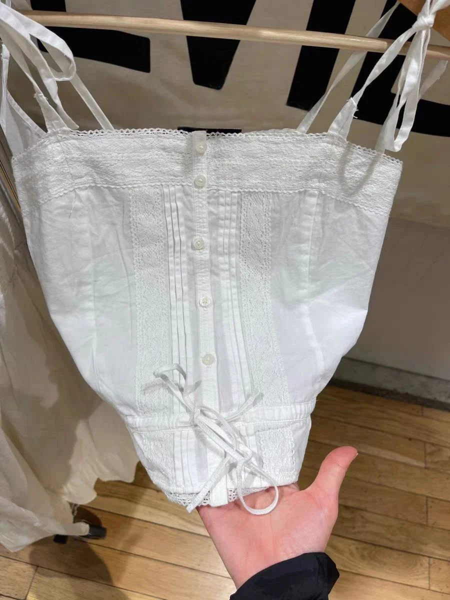 الدانتيل الرباط تنحنح اقتصاص كاميس المرأة الصيف واحدة الصدر القطن سليم تانك القمم Y2k خمر الشارع الشهير الحلو المحاصيل الأعلى جديد