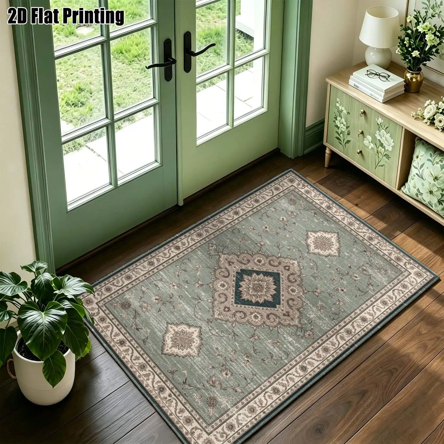 1Pc 2D Printed Retro Green Beige Floral Carpet, European Decor, Multi-Size, Machine Washable, for Door Mat, Dining/Foyer/Living/Bedroom