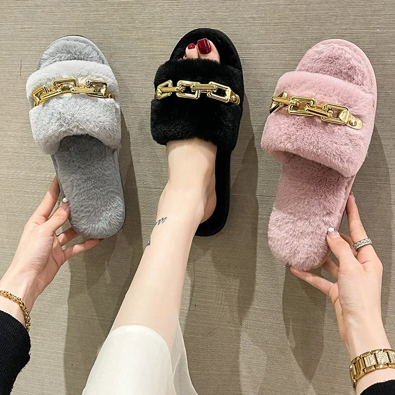 New Cotton Slippers Fashion Metal Chain Indoor Warmth Plush Slippers Women Comfort Flat Sole Women Shoes 2023