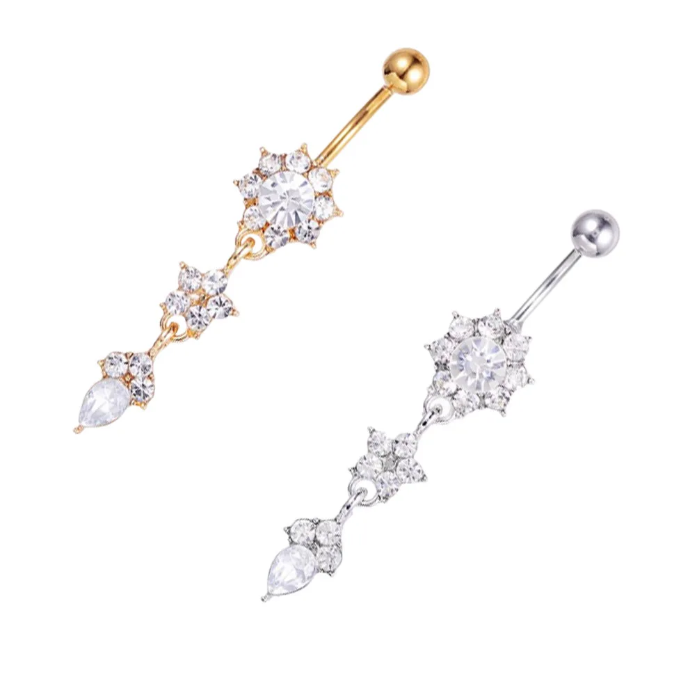 2 pezzi anelli per piercing all'ombelico pendente a forma di fiore a goccia ciondola elegante anello per ombelico gioielli per il corpo gioielli per piercing al corpo in oro bianco