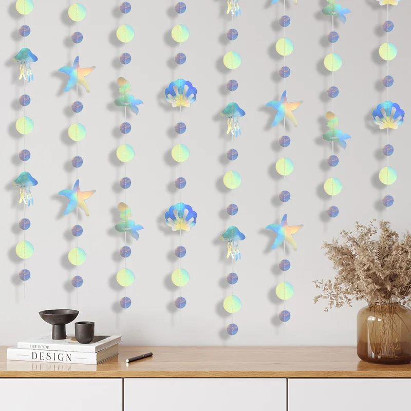 Iridescent Mermaid Banner Jellyfish Seashell Starfish Garland Decoration Under The Sea Birthday Party Hanging Decor Baby Shower