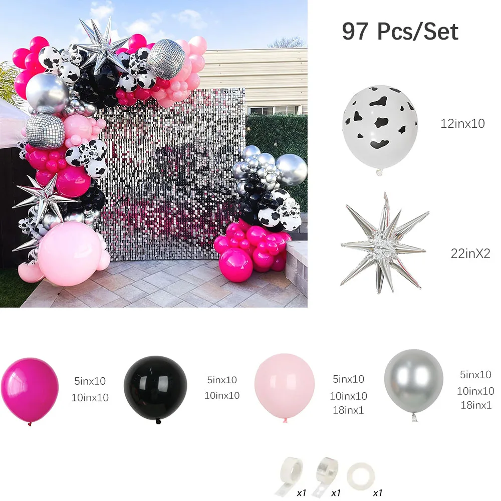 97 Pcs Hot Pink Black Silver Metallic Latex Balloons Cowgirl Balloon Garland Decorations 80s 90s Disco Party Birthday Decoration