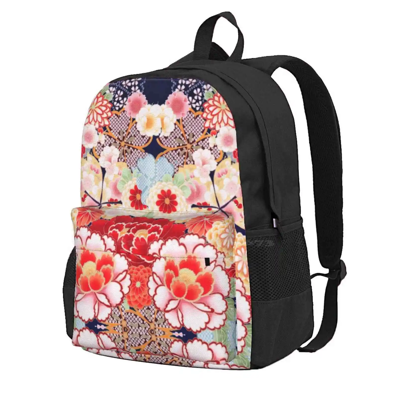 Antique Japanese Flowers Pink White Wild Roses Kimono Style Floral Hot Sale Schoolbag Backpack Fashion Bags Peony Wild Roses