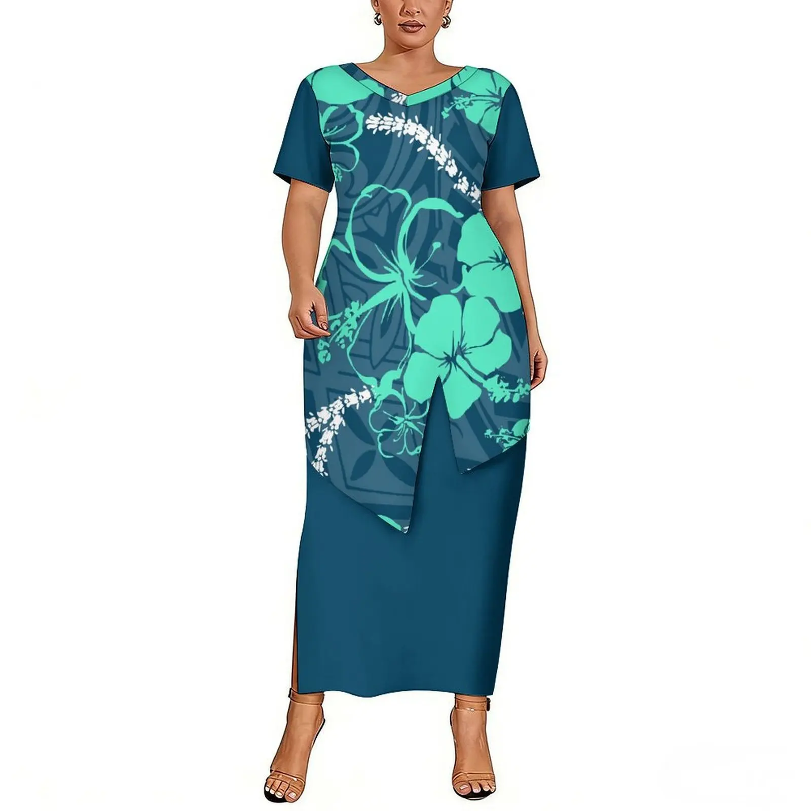 Tribal Designed Custom Pattern Printed Polynesian Women'S Skirt With A Train Hem And V-Neck Short Sleeves Puletasi 2-Piece Set
