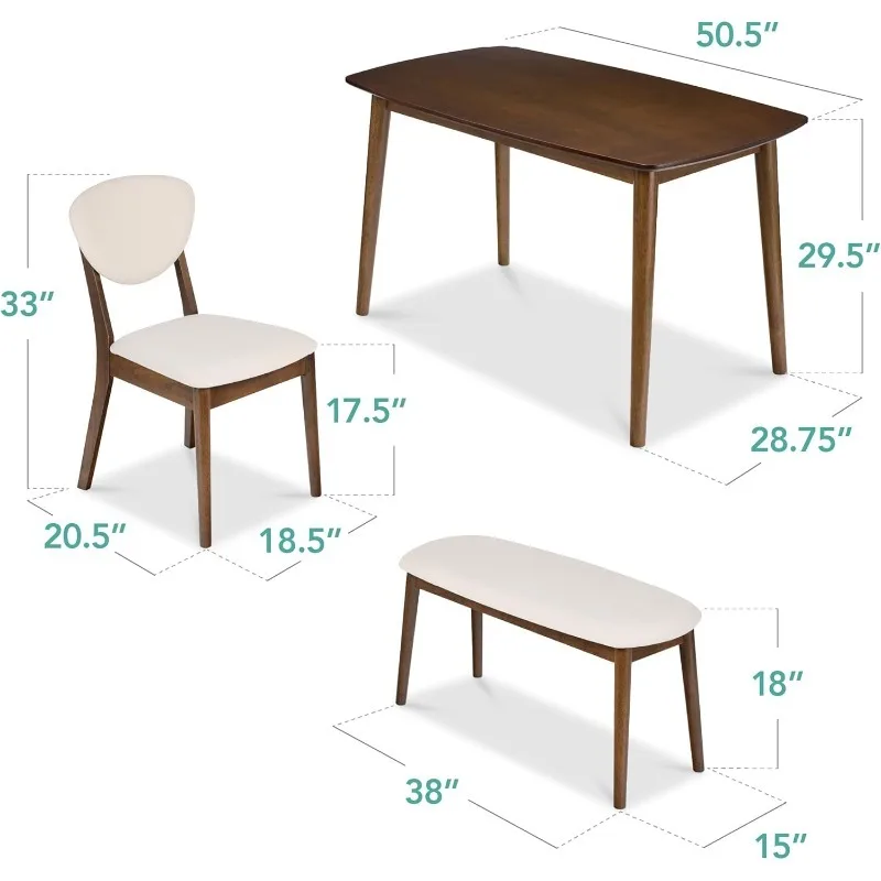 طقم طاولة وكرسي مطبخ لتناول الطعام من الخشب الحديث مكون من 4 قطع مع كرسيين منجدين، مقعد مقعد - Waln #6