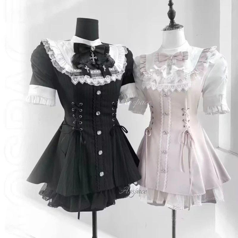 Conjunto de Vestido y Shorts con Lazo Estilo Lolita Y2K, Vestido Camisero con Botones y Mangas Abullonadas de Encaje Gótico Japonés para Mujer, Mini Vestido Punk para Fiesta